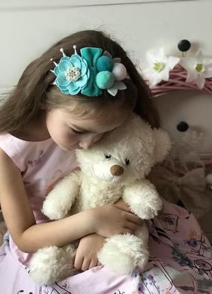 Красива дитяча пов'язка — бірузова з квіткою та короною , дитяча пов'язка на 1 рік -7р