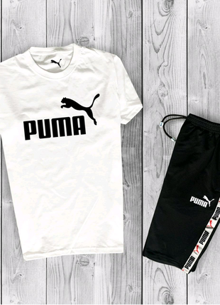 Чоловічий спортивний комплект шорти футболка puma білий1 фото