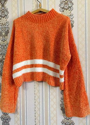 Стильный мягкий свитер оверсайз, ярко оранжевый укороченный свитер