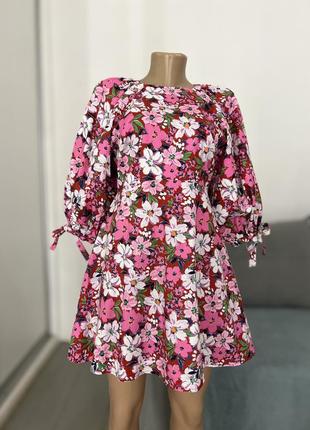 Яркое натуральное мини платье в цветочный принт No4773 фото
