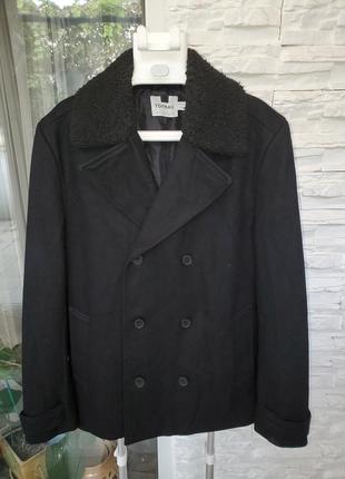 Мужское двубортное черное пальто с теплым воротником тедди topman (m)