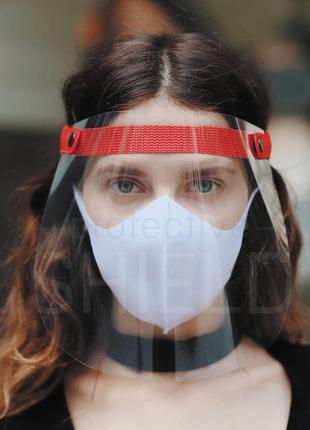 Щиток защитный для лица с красным тканевым фиксатором, защита лица от вируса