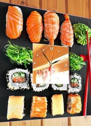 Часы с рисунком японской еды "суши, сашими, роллы" для кухни (c03758)2 фото