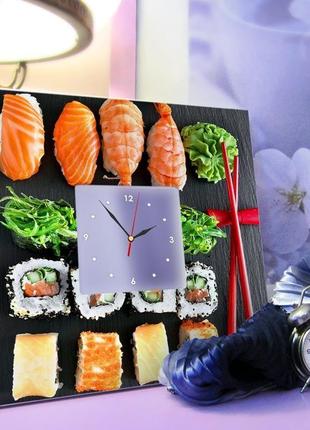 Часы с рисунком японской еды "суши, сашими, роллы" для кухни (c03758)3 фото