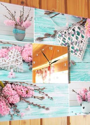 Дизайн годинник колаж фотографій з квітам, декоративним серцем на дерев'яному бірюзовий тлі (c03777)2 фото