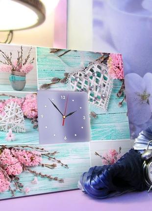 Дизайн годинник колаж фотографій з квітам, декоративним серцем на дерев'яному бірюзовий тлі (c03777)3 фото