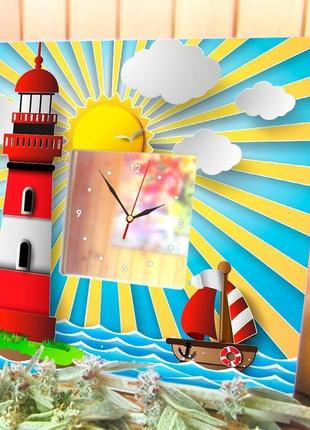 Тематичний годинник з дитячим малюнком "кораблик" і "маяк" на стіну, на підставці (c03814)3 фото
