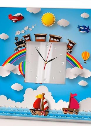 Авторские часы с детской тематикой "радуга. кораблики. самолеты. поезда" (c03816)