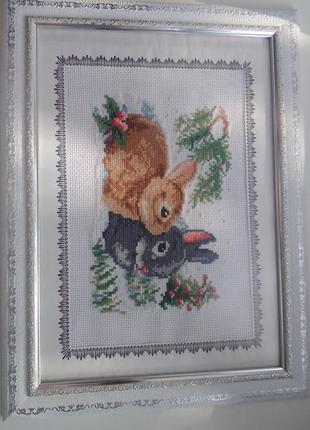Картина вишита хрестиком "милі кролики"4 фото