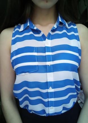 Шифоновая рубашка синяя, шифоновая блуза майка, рубашка на пуговицах5 фото
