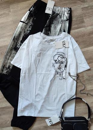 Біла базова футболка овер zara з вишивкою дівчина розмір l оригінал new collection1 фото