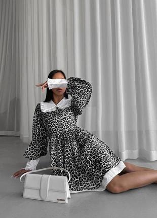 Платье свободного кроя у леопардовый принт с белым воротничком и манжетами 🔥6 фото