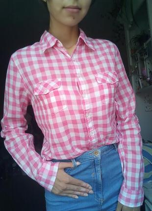 Хлопковая рубашка розовая, натуральная рубашка в клетку, женская рубашка на пуговицах