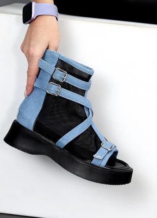 Женские летние ботинки босоножки черные.белые,беж,синий с черным6 фото
