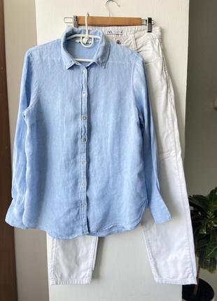 Голубая рубашка 100% лен h&amp;m размер s2 фото