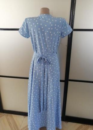Нежное голубое платье/ платье сарафан на запах миди в горох, s/m6 фото