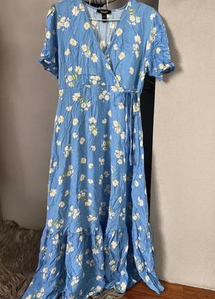 Платье сарафан миди лето цветочный принт длинное легкое голубое небесное нежное1 фото