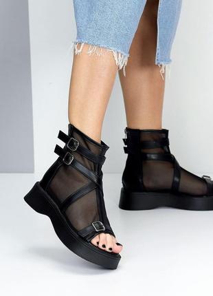 Черные женские летние ботинки ботинки женские закрытые босоножки с сеткой