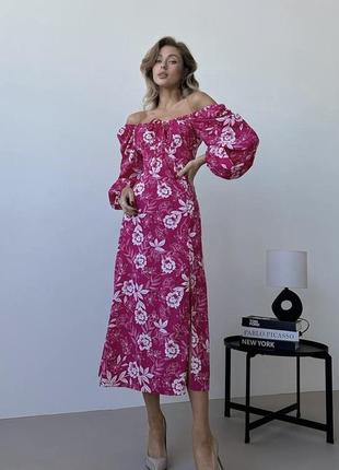 Розовое платье миди с разрезом 💕 жечое платье с объемными рукавами 💕 голубое платье в цветочный принт 💕 платье