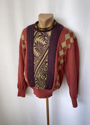 Винтаж яркий шерстяной свитер с геометрическим узором по переду шерсть 80е кирпичный фиолетовый