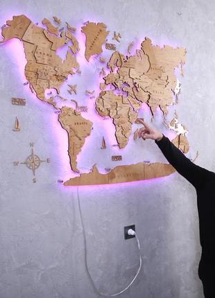 Дерев'яна карта світу на стіну з підсвічуванням3 фото