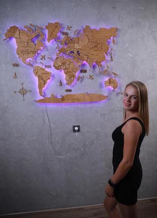 Дерев'яна карта світу на стіну з підсвічуванням10 фото