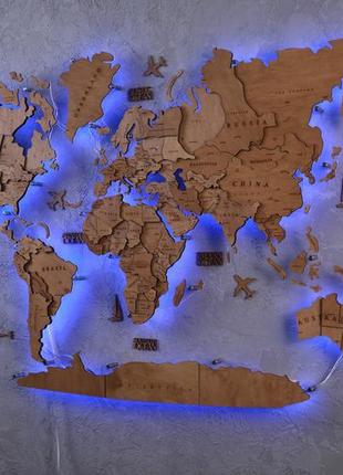 Дерев'яна карта світу на стіну з підсвічуванням12 фото