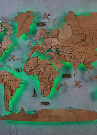Дерев'яна карта світу на стіну з підсвічуванням14 фото