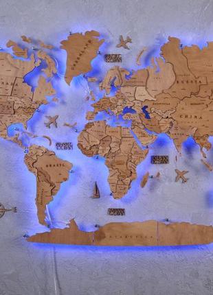 Дерев'яна карта світу на стіну з підсвічуванням15 фото