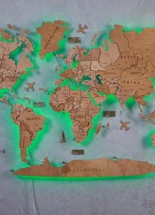 Дерев'яна карта світу на стіну з підсвічуванням16 фото
