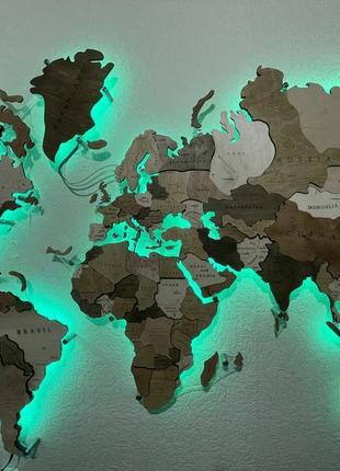 Дерев'яна карта світу на стіну з підсвічуванням 100х60 см craftbo2 фото