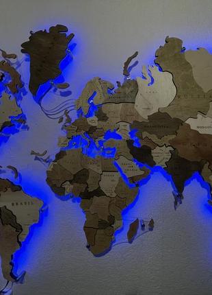 Дерев'яна карта світу на стіну з підсвічуванням 100х60 см craftbo3 фото