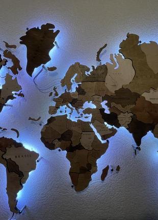 Дерев'яна карта світу на стіну з підсвічуванням 100х60 см craftbo4 фото