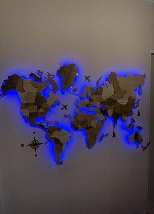 Дерев'яна яна карта світу на стіну з підсвічуванням 200х120 см