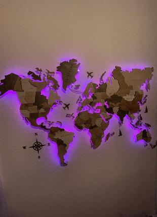 Дерев'яна яна карта світу на стіну з підсвічуванням 200х120 см8 фото