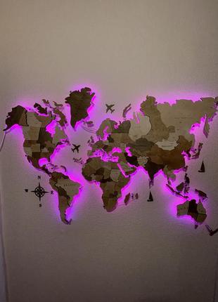 Дерев'яна яна карта світу на стіну з підсвічуванням 200х120 см14 фото