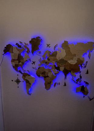 Дерев'яна карта світу на стіну з підсвічуванням 300x175 см craftb4 фото