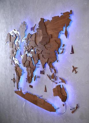 Дерев'яна карта світу на стіну c підсвічуванням craftboxua4 фото