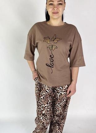 Костюм хлопковый брюки и футболка трендовый костюм леопард
