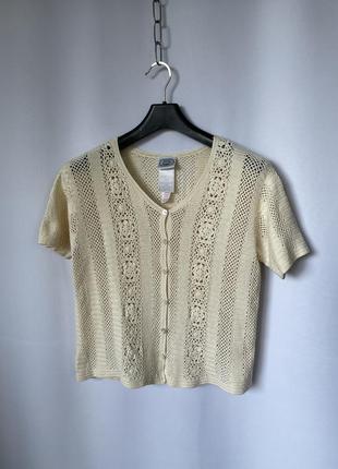 Laura ashley макраме бавовняна в'язана блуза кофточка на ґудзиках бежева кремова вінтаж етно-бохо3 фото