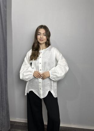 Рубашка женская белая дизайнерская льняная на длинный рукав modna kazka mkkc9027-12 фото