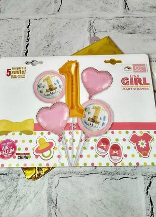 Набір повітряних кульок перший день народження дівчинка baby girl, 5 шт