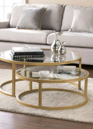 Кофейный двойной столик круглый журнальный со стеклом3 фото