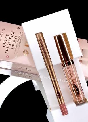 Набір для губ олівець, блиск charlotte tilbury glossy fresh pink lip duo mini lip cheat pillow talk + mini collagen lip bath refresh rose