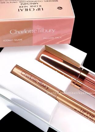 Набір для губ олівець, блиск charlotte tilbury glossy nude pink lip duo mini lip cheat iconic nude + mini collagen lip bath pillow talk2 фото