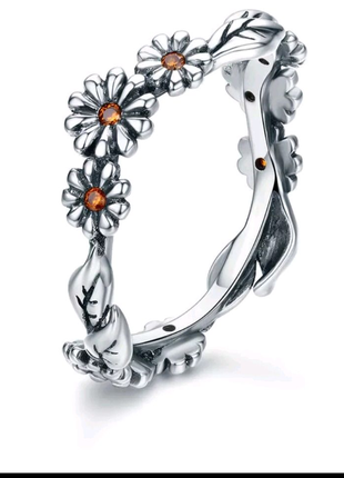 Колечко с маргаритками из серебра 925 пробы,17 размер