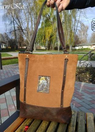 Велика шкіряна жіноча сумка шопер коричнева, большая кожаная женская сумка шопер коричневая замшевая