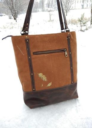 Велика шкіряна жіноча сумка шопер коричнева, большая кожаная женская сумка шопер коричневая замшевая2 фото