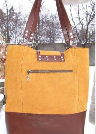 Шкіряна жіноча сумка шопер коричнева з вишивкою, кожаная женская сумка шопер коричневая вышитая3 фото