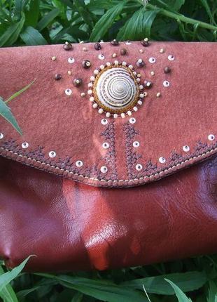 Женская сумка кроссбоди, сумка з вишивкою, жіноча кросбоді, шкіряна сумка,  коричнева сумка4 фото